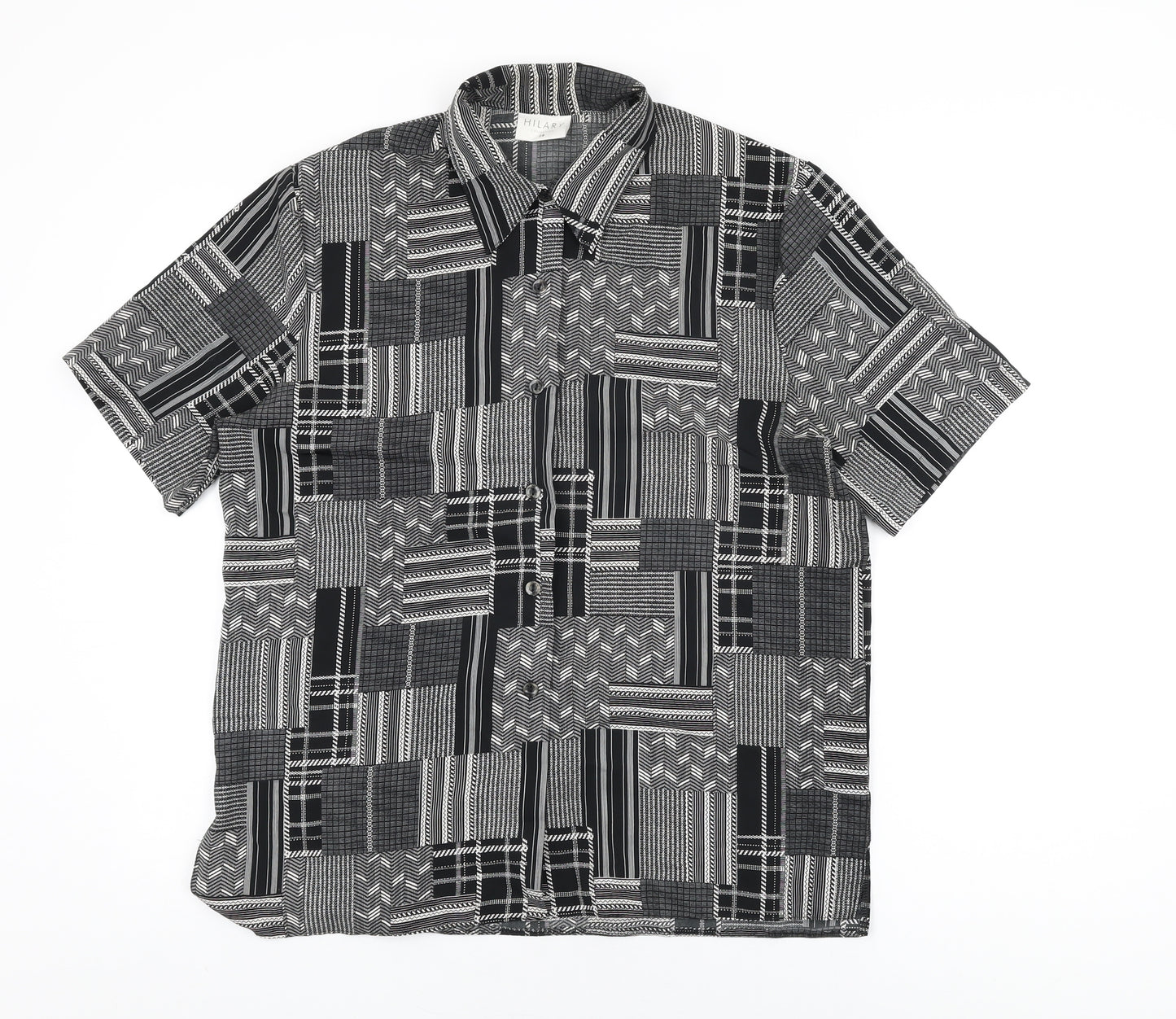 Hilary Womens Black Geometric Polyester Basic Button-Up Size 14 Collared