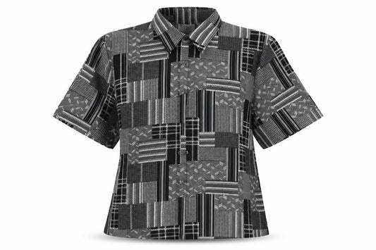 Front view of Hilary women’s black geometric polyester basic button-up, size UK 14, collared