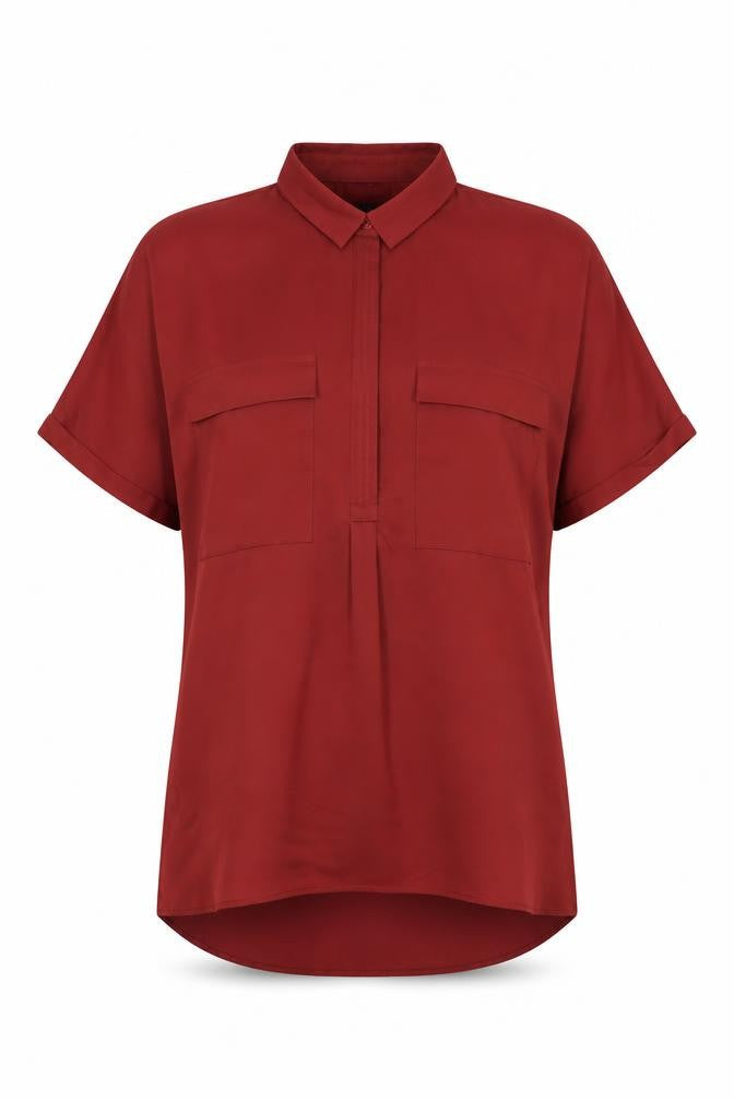 Front view of Autograph women’s red polyester basic blouse, size UK 14, collared