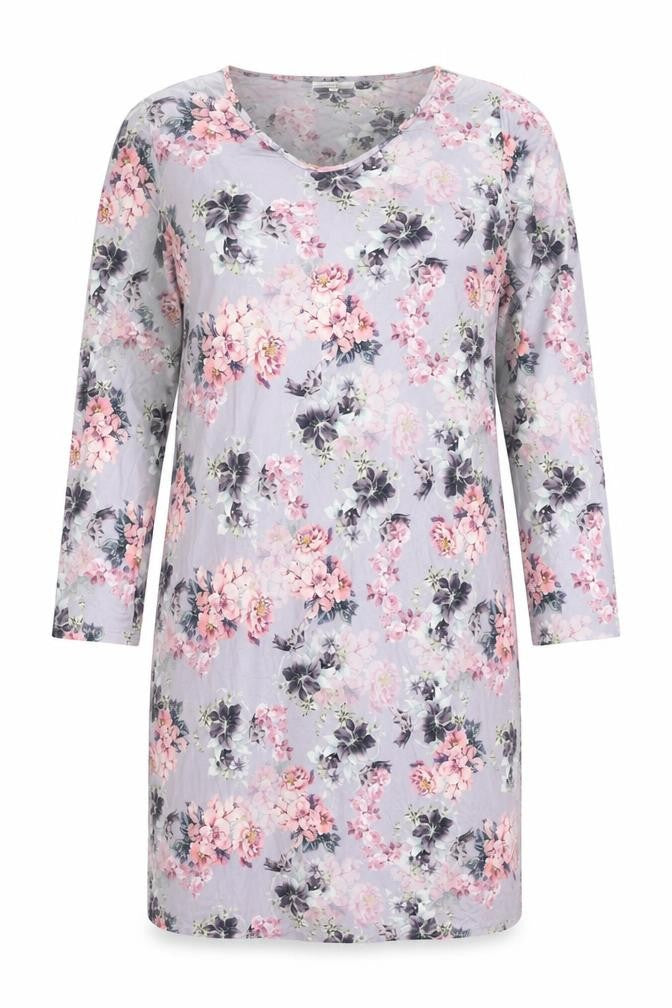 Front view of La Marquise women’s purple floral polyester shift, size XL, round neck pullover