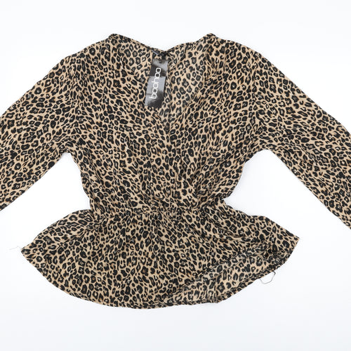 Boohoo Womens Beige Animal Print Polyester Wrap Blouse Size 18 V-Neck