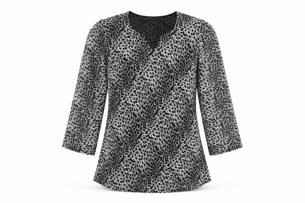 Front view of Sky Designs women’s white geometric polyester basic blouse, size M, v-neck