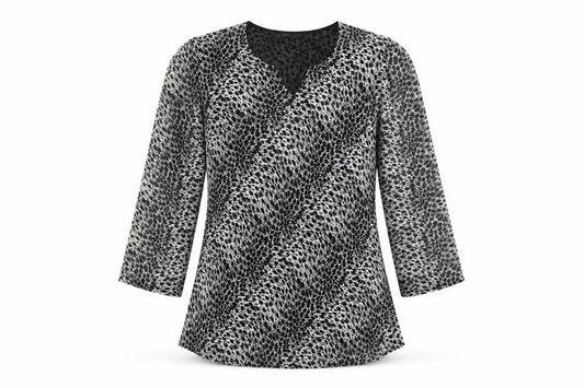 Front view of Sky Designs women’s white geometric polyester basic blouse, size M, v-neck