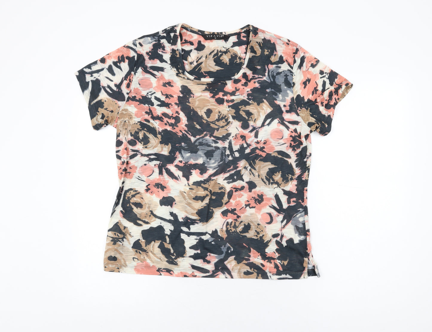 Viz-A-Viz Womens Multicoloured Floral Polyester Basic T-Shirt Size M Round Neck