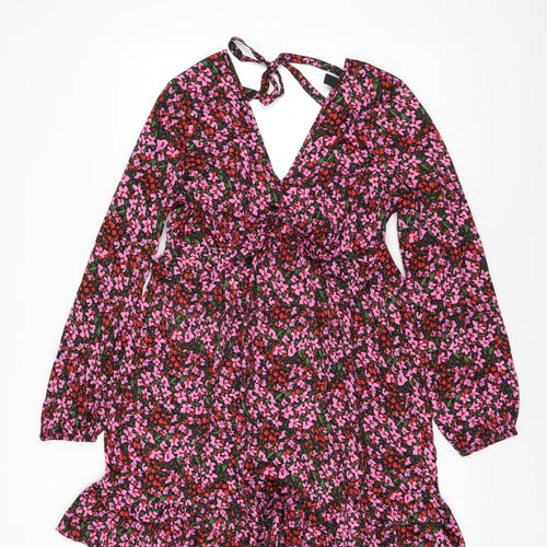 New Look Womens Black Floral Polyester Shift Size 12 V-Neck Zip