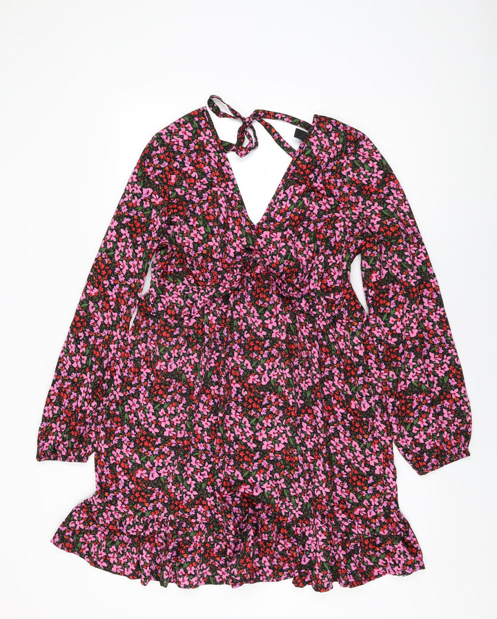 New Look Womens Black Floral Polyester Shift Size 12 V-Neck Zip