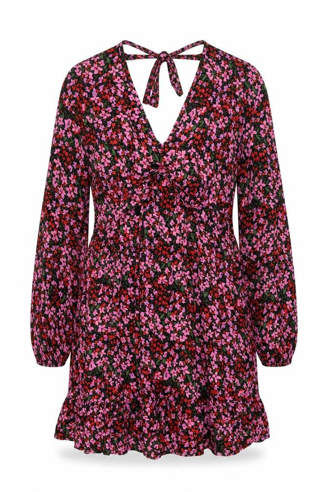 Front view of New Look women’s black floral polyester shift, size UK 12, v-neck zip