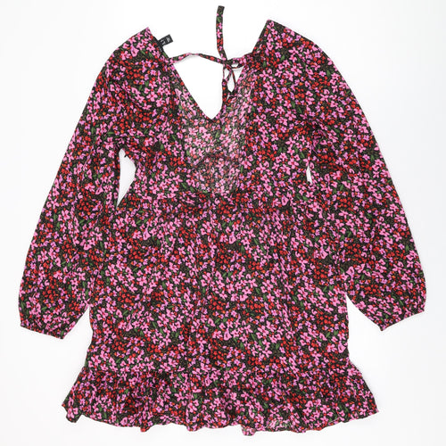 New Look Womens Black Floral Polyester Shift Size 12 V-Neck Zip