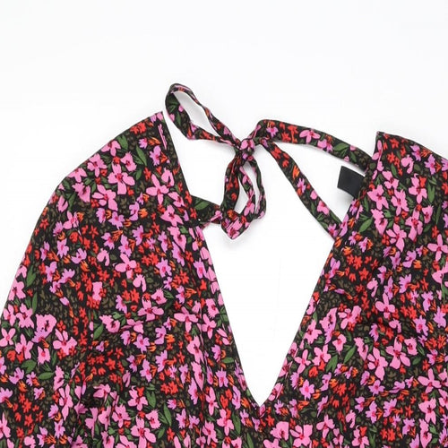 New Look Womens Black Floral Polyester Shift Size 12 V-Neck Zip