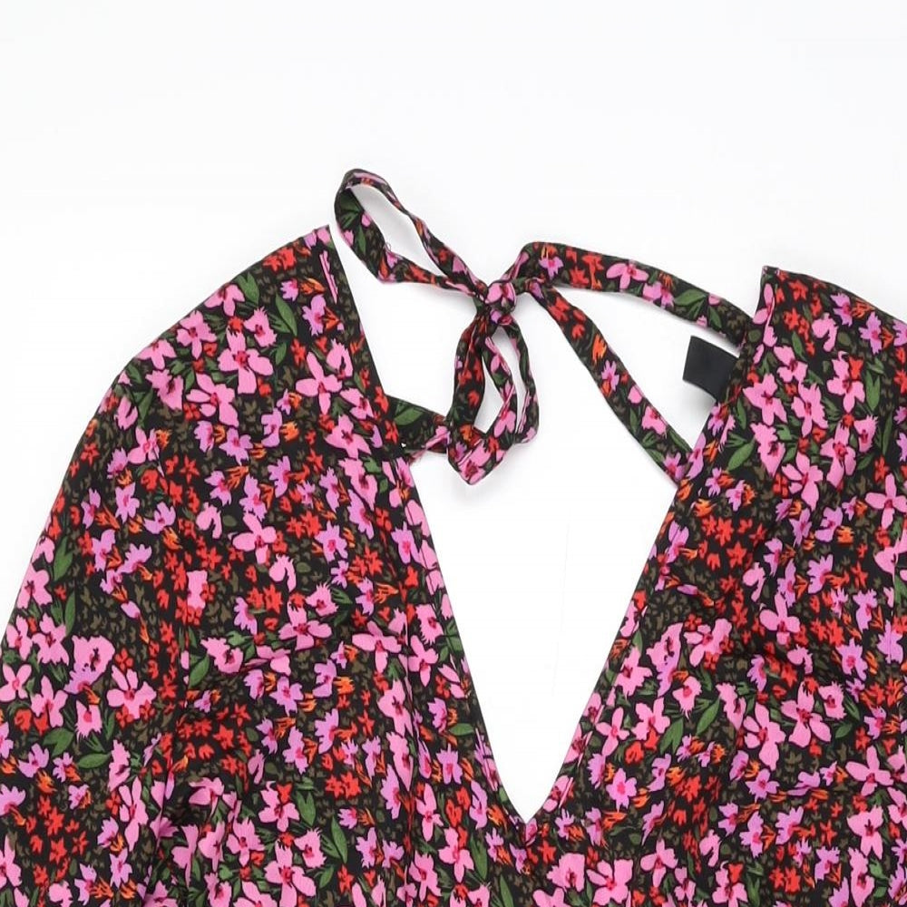 New Look Womens Black Floral Polyester Shift Size 12 V-Neck Zip