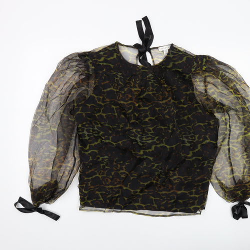 Topshop Womens Black Animal Print Polyester Basic Blouse Size 12 Round Neck