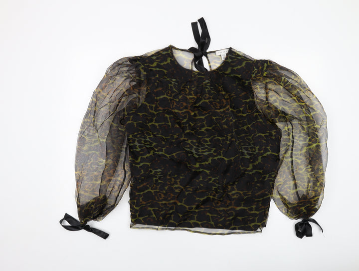 Topshop Womens Black Animal Print Polyester Basic Blouse Size 12 Round Neck
