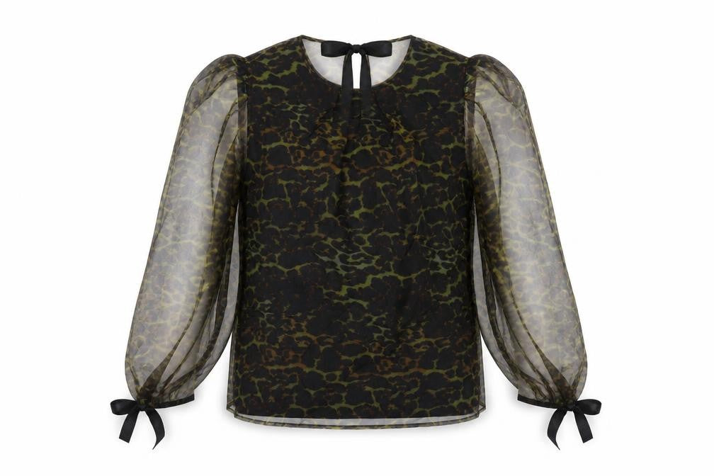 Front view of Topshop women’s black animal print polyester basic blouse, size UK 12, round neck