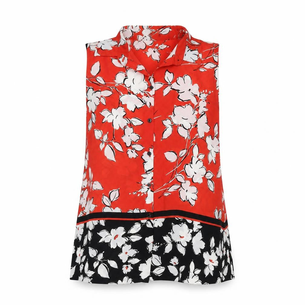 Front view of Roman women’s red floral polyester basic button-up, size UK 16, collared