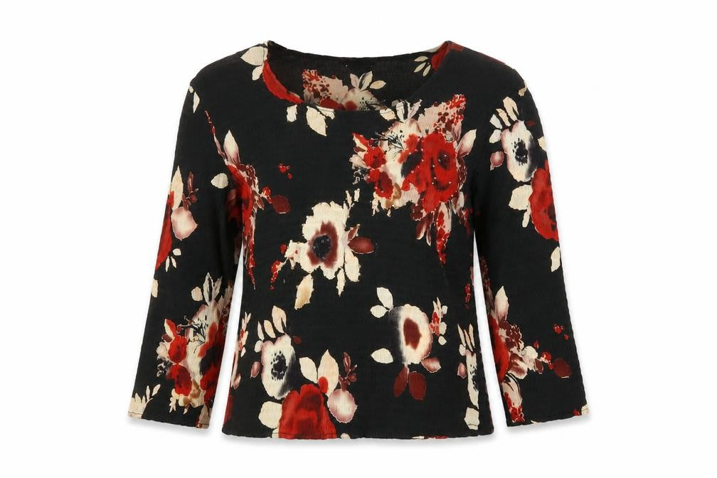 Front view of Country Casuals women’s black floral polyester basic blouse, size S, round neck