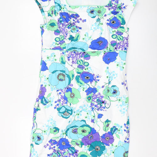 Artigiano Womens Blue Geometric Cotton Sheath Size 14 Square Neck Zip