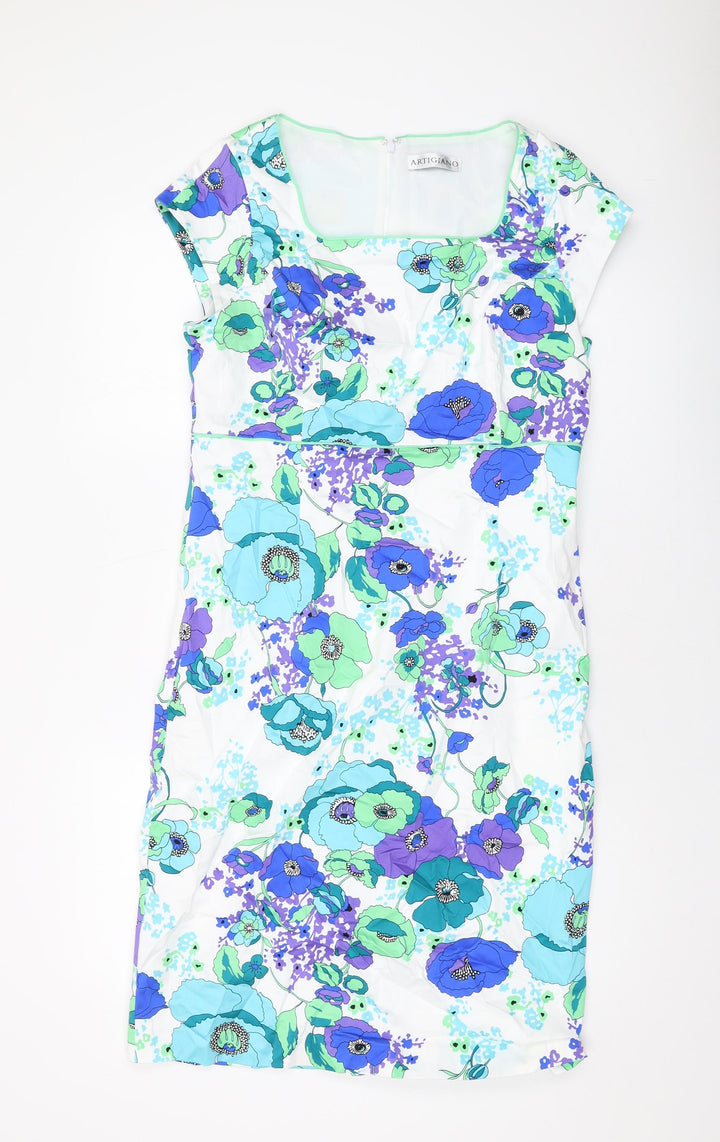 Artigiano Womens Blue Geometric Cotton Sheath Size 14 Square Neck Zip