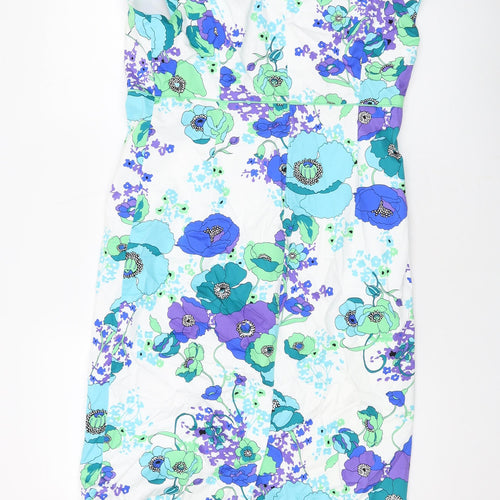 Artigiano Womens Blue Geometric Cotton Sheath Size 14 Square Neck Zip