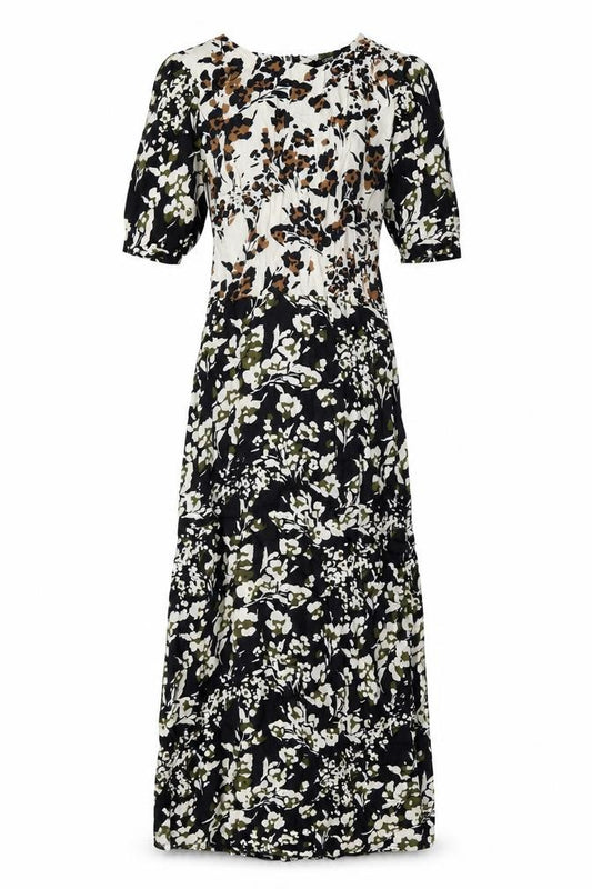 Front view of Nerxt women’s black geometric viscose a-line, size UK 6, round neck zip