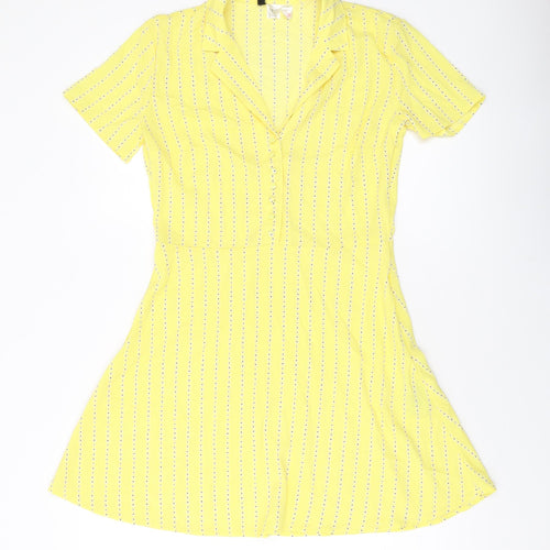 H&M Womens Yellow Geometric Polyester A-Line Size 10 V-Neck Button