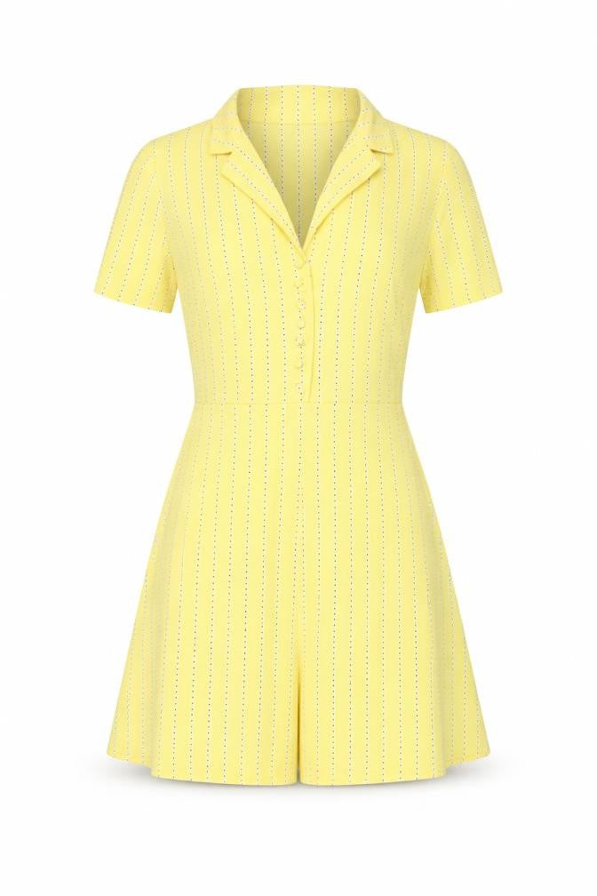 Front view of H&M women’s yellow geometric polyester a-line, size UK 10, v-neck button