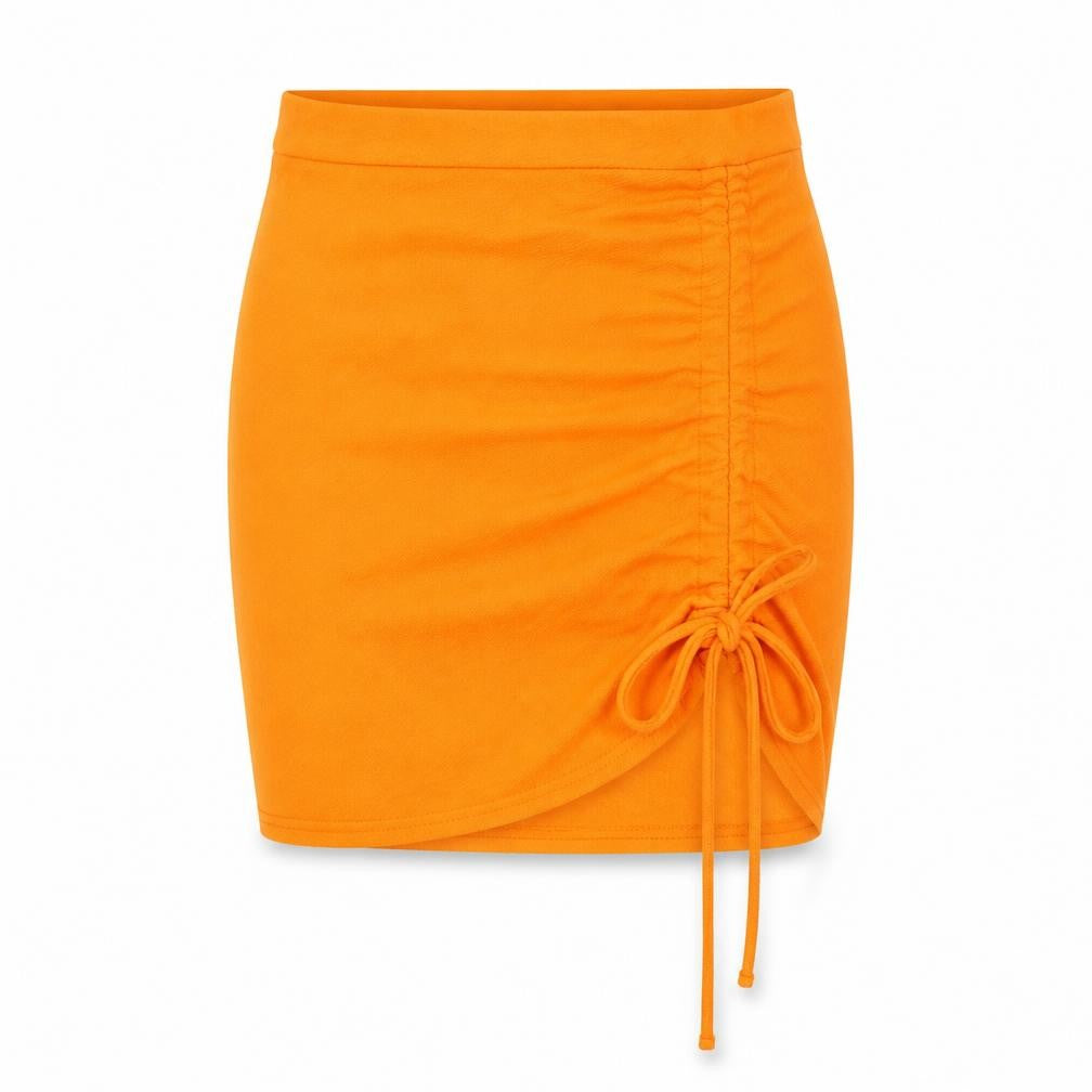 Front view of PRETTYLITTLETHING women’s orange polyester mini skirt, size UK 6