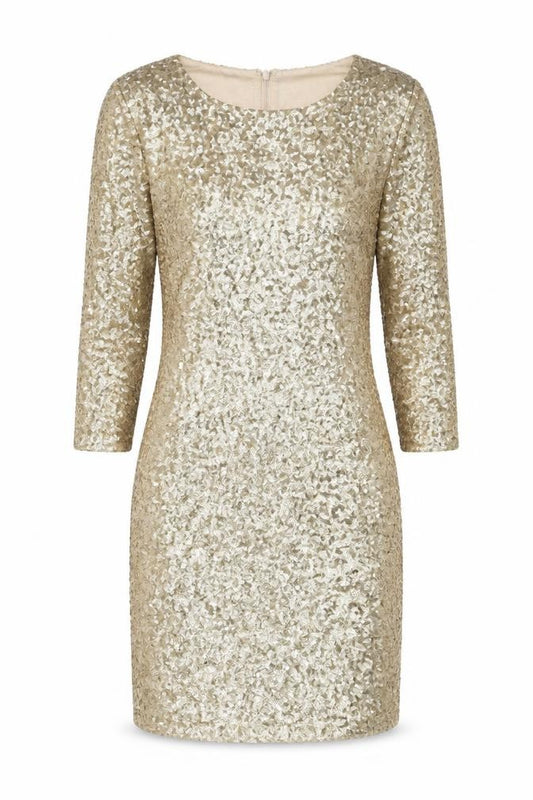 Front view of TFNC women’s gold polyester mini, size S, round neck zip
