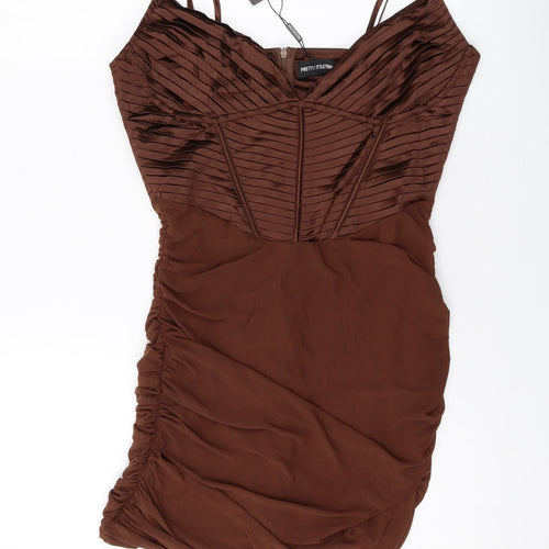 PRETTYLITTLETHING Womens Beige Polyester Mini Size 12 V-Neck Zip