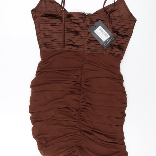 PRETTYLITTLETHING Womens Beige Polyester Mini Size 12 V-Neck Zip
