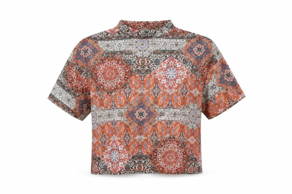 Front view of River Island women’s multicoloured geometric polyester basic t-shirt, size UK 12, mock neck