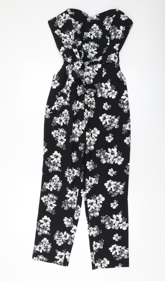 Miss Selfridge Womens Black Floral Polyester Jumpsuit One-Piece Size 12 Zip