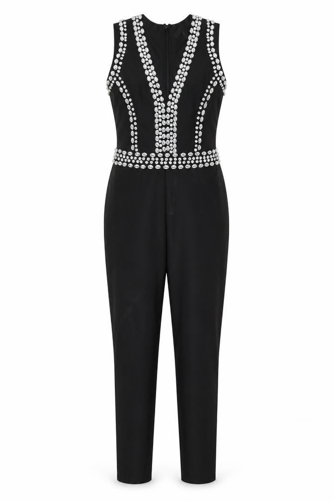 Front view of Pink Boutique women’s black polyamide jumpsuit one-piece, size UK 8, zip