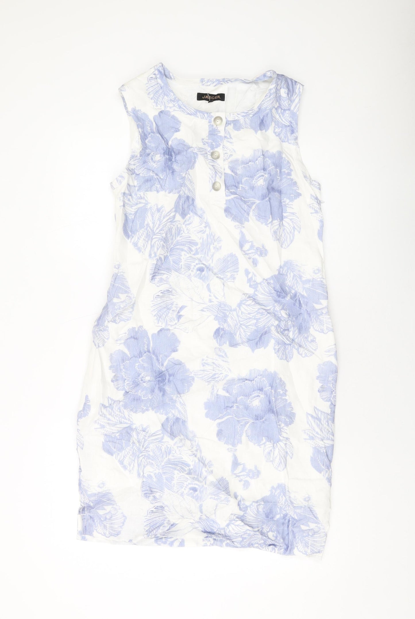 Jaeger Womens White Geometric Linen Tank Dress Size 8 Round Neck Zip