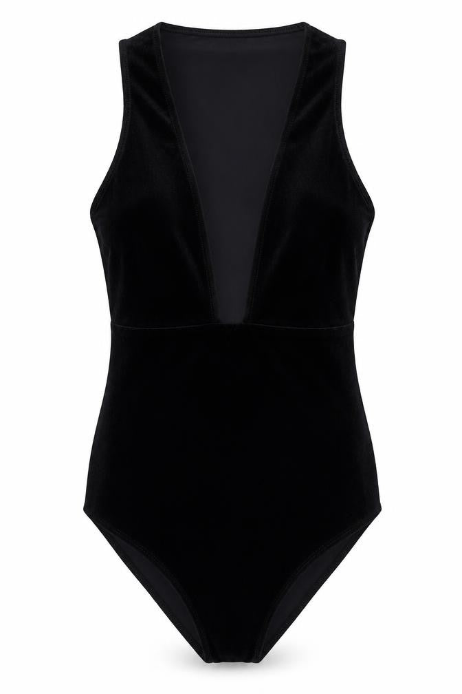 Front view of Topshop women’s black polyester bodysuit one-piece, size UK 10, snap