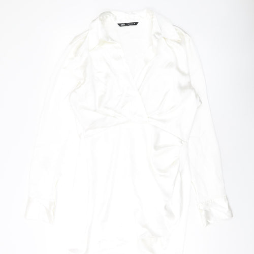 Zara Womens White Polyester Shirt Dress Size M Collared Zip