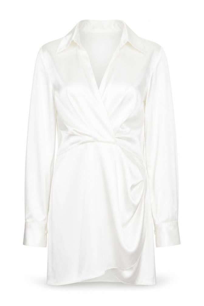 Front view of Zara women’s white polyester shirt dress, size M, collared zip