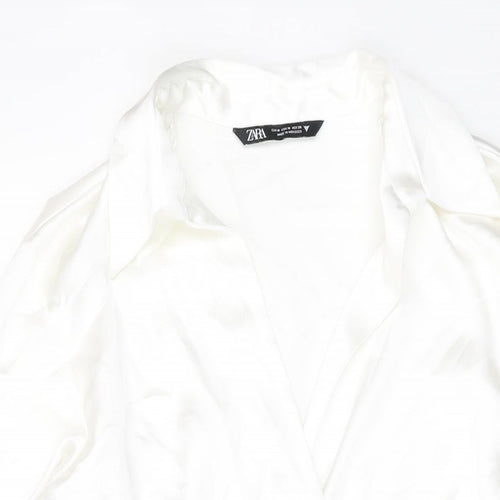 Zara Womens White Polyester Shirt Dress Size M Collared Zip