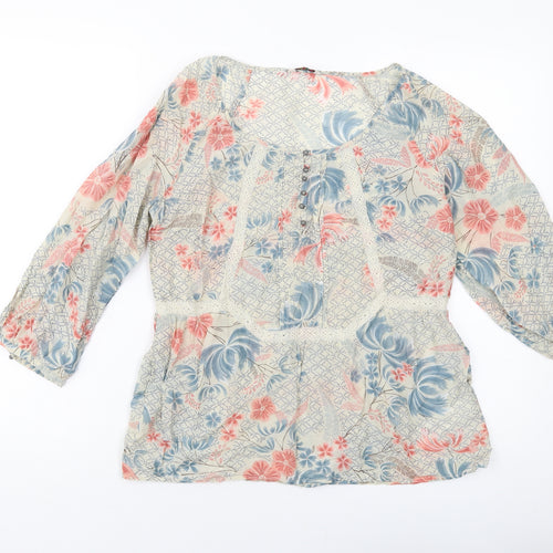 Indigo Womens Beige Geometric Cotton Basic Blouse Size 10 Round Neck