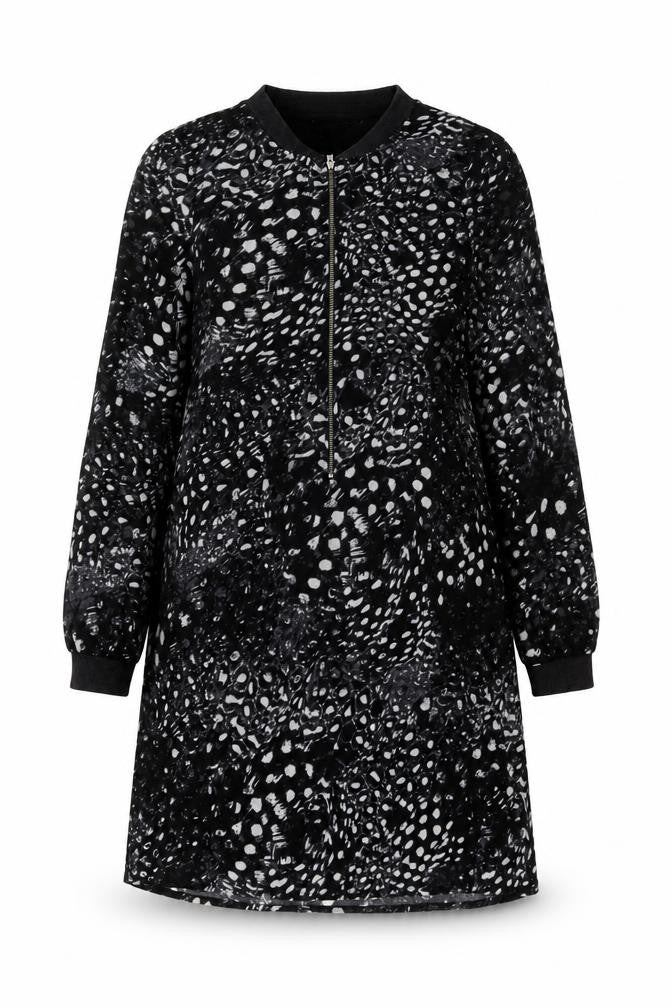 Front view of Vero Moda women’s black geometric polyester a-line, size XS, round neck zip