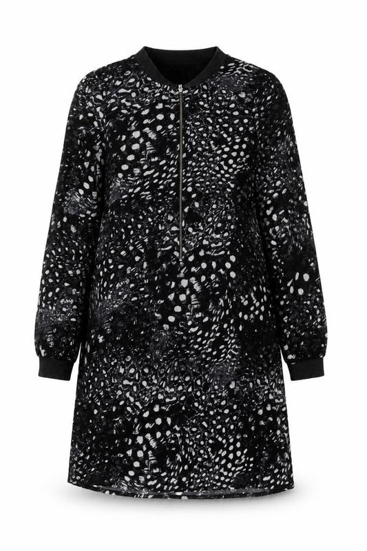 Front view of Vero Moda women’s black geometric polyester a-line, size XS, round neck zip