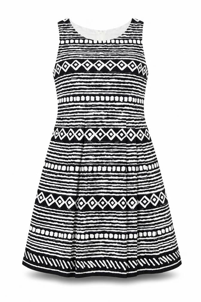 Front view of Principles women’s beige geometric cotton a-line, size UK 16, round neck zip