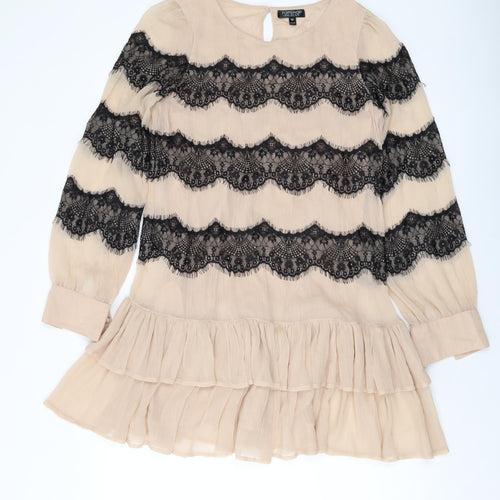 Topshop Womens Beige Polyester A-Line Size 10 Round Neck Button