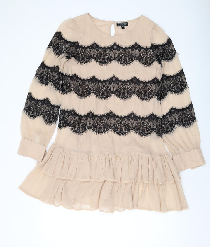 Topshop Womens Beige Polyester A-Line Size 10 Round Neck Button