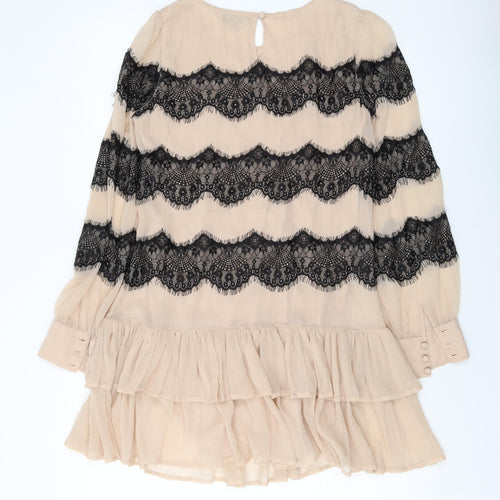 Topshop Womens Beige Polyester A-Line Size 10 Round Neck Button