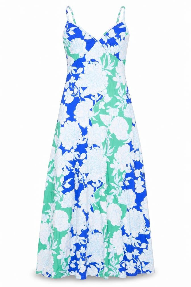 Front view of Boohoo women’s multicoloured geometric polyester maxi, size UK 12, v-neck pullover