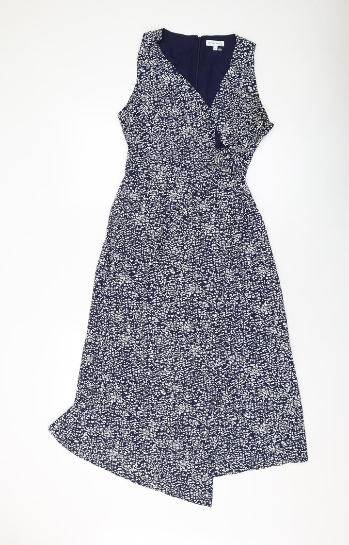 Warehouse Womens Blue Geometric Polyester A-Line Size 10 V-Neck Zip
