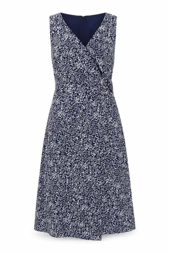 Front view of Warehouse women’s blue geometric polyester a-line, size UK 10, v-neck zip