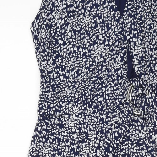 Warehouse Womens Blue Geometric Polyester A-Line Size 10 V-Neck Zip