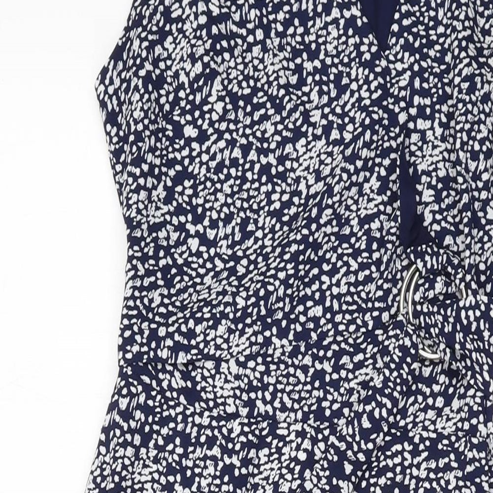 Warehouse Womens Blue Geometric Polyester A-Line Size 10 V-Neck Zip