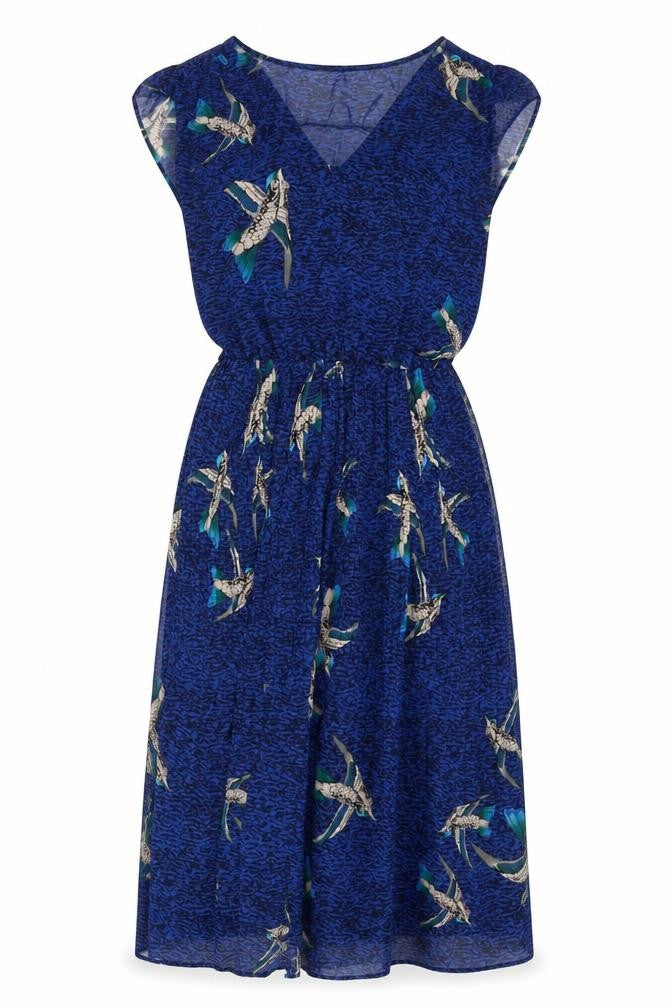 Front view of Warehouse women’s blue herringbone polyester a-line, size UK 8, round neck pullover